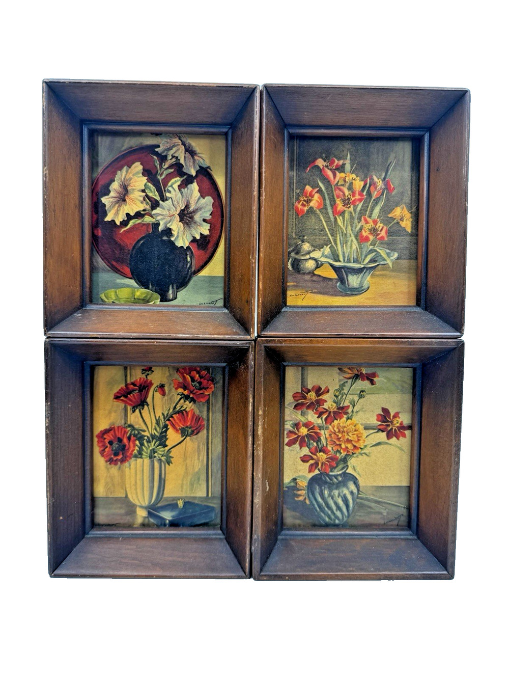 Lockhardt Floral Prints Vintage Wooden Framed Set of 4 Small Artworks 5x6 Each